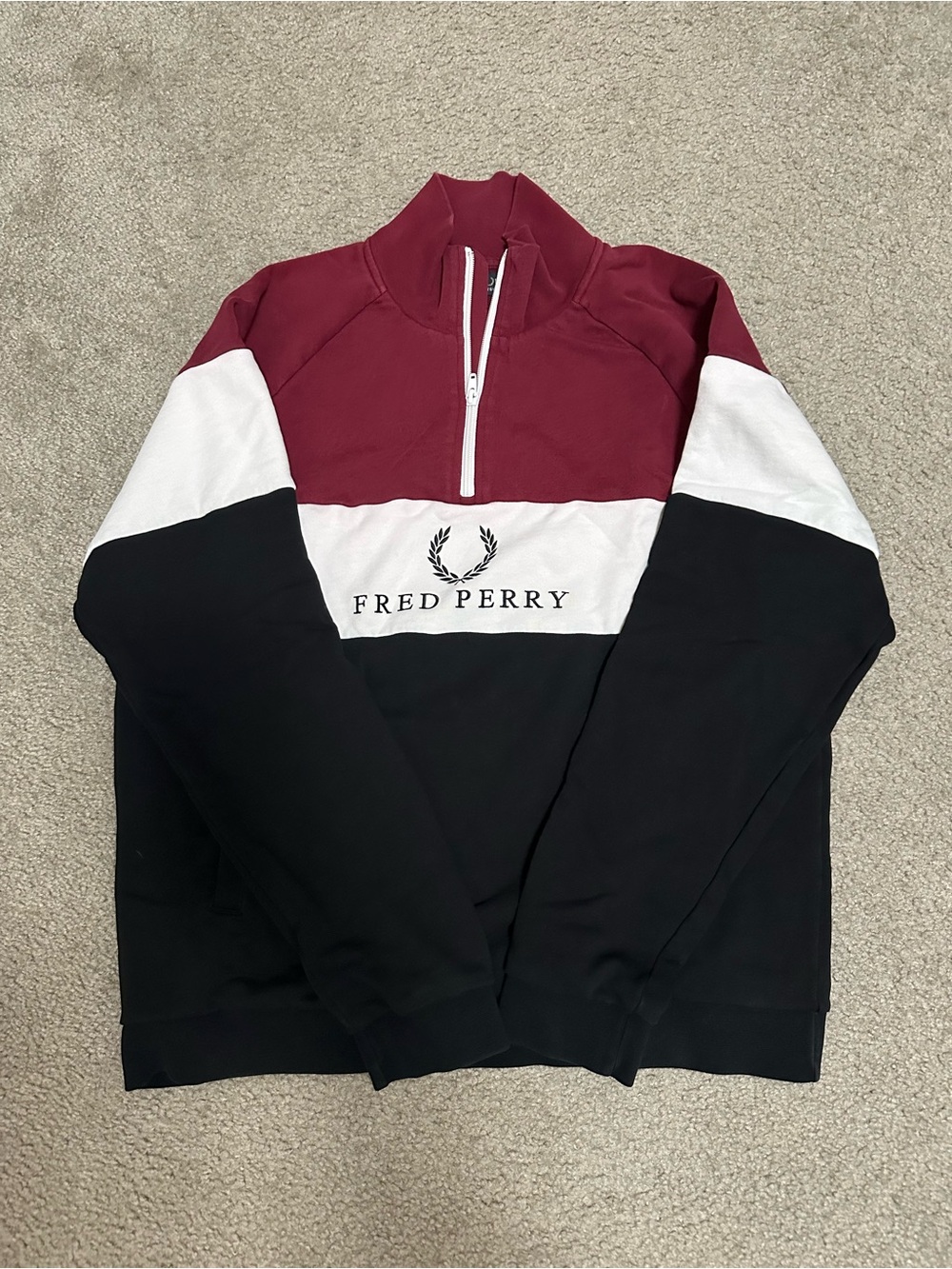Fred Perry Men’s Burgundy White Black Half-Zip Colorblock Sweatshirt